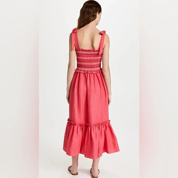 Cara Cara NEW NWT Jenny Tie Shoulder Linen Midi Dress Hibiscus Size Medium - Picture 2 of 9